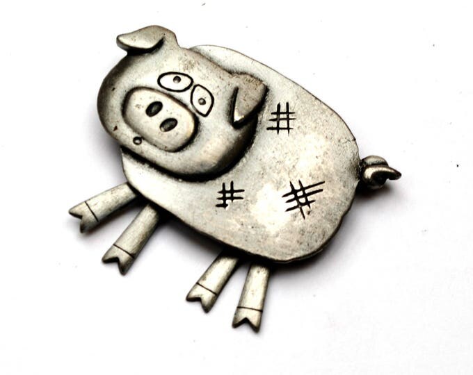 Pewter Pig Brooch - Signed JJ - Jonette Jewelry company - dangle legs - figurine pin