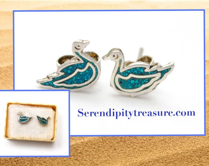 sterling duck earrings - Turquoise inlay - Blue gemstone - Silver stud figurine pierced earrings
