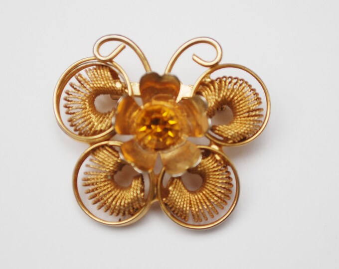 Butterfly Brooch - Orange Rhinestone - Gold coil metal - Insect figurine pin