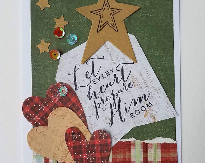 Let Every Heart, Christmas Cards, Red beige Rustic Folk Handmade Christian Christmas Plaid Boho sequin Prepare HIm Room Handmade Angels we