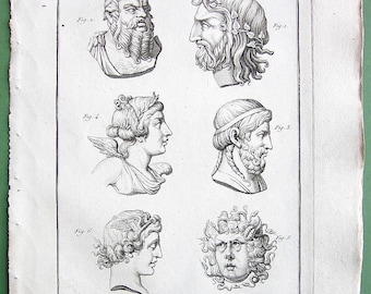 GODS & DEITIES Roman Greek Pan Silenus AEsculapius or Asclepius Victory Medusa Gorgona - 1804 Antique Copperplate Engraving Print
