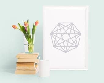 Heptagon geometric print, grey abstract poster, geometric wall art, monochrome geometric shape poster, abstract home decor, modern print