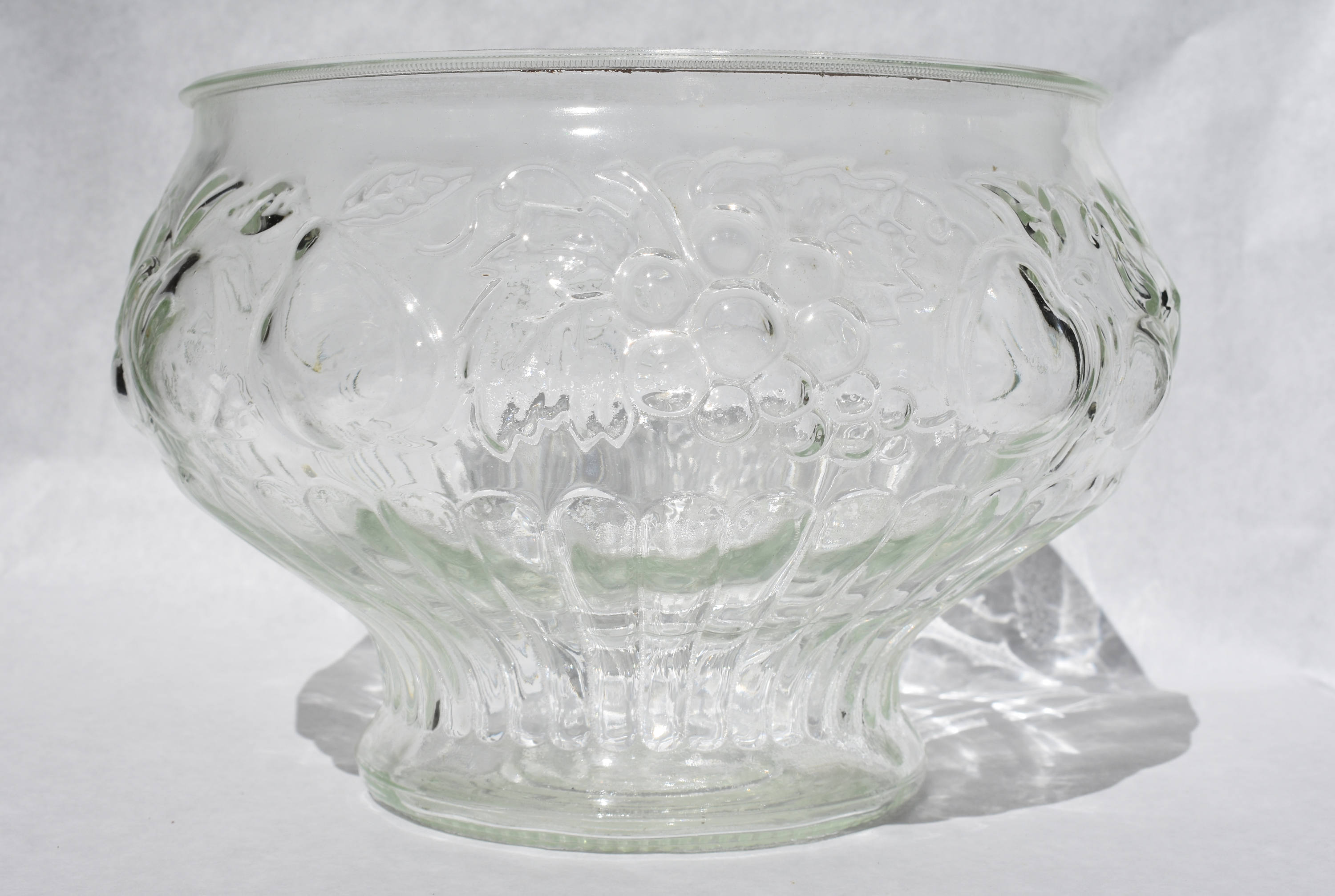 Vintage Glass Punch Bowl w/Cups and Ladle Fruit Motif Fifties