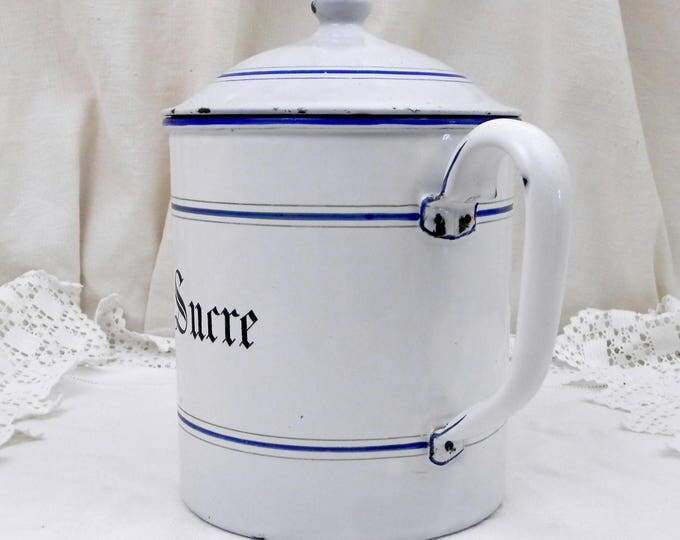 Large Antique French Lidded Sugar Canister with Handle, Made by E.P.G.O in France White Enamelware Pot with Lid and Blue Bands, Cookware Large Antique French Lidded Sugar Canister with Handle, Made by E.P.G.O in France White Enamelware Pot with Lid and Blue Bands, Cookware