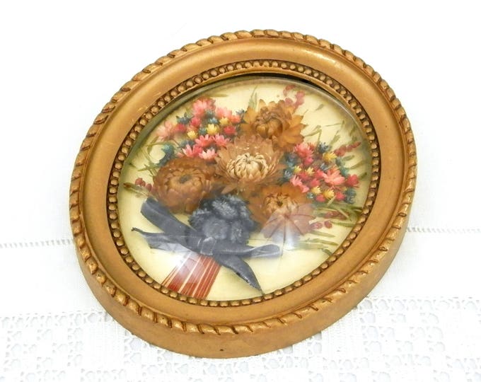 Vintage Oval Domed Glass Picture Frame with Dried Flower Composition, Floral Arrangement Wall Hanging, Mid Century 1950s 1960s, French Decor