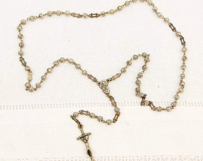 Vintage 1960s Small Delicate Silver Plated Rosary Beads and Crucifix, French Rose Shaped Religious Beads