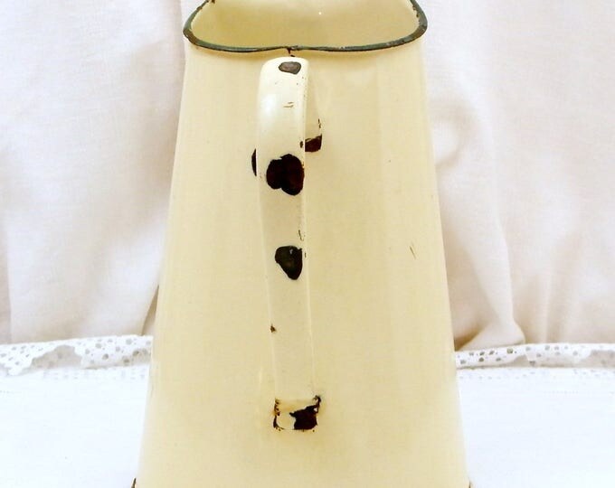 Small Antique French Pale Yellow / Beige French Enamelware Pitcher, Chippy Enamel Jug / Vase