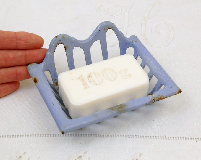 Small Antique Cast Iron Enameled Sky Blue Wall Hanging Soap Holder, French Blue Chippy Enamel Mural Soap Bar Dish, Enamelware Retro Bathroom