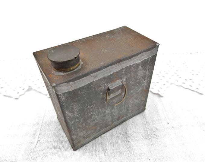 Antique Square Metal Bottle With Screw Lid, Rectangular Tin Container for Liquids, French Brocante Home Decor, Industrial Curios from France