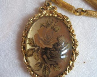 Vintage MAX FACTOR Rose Locket Chain/Necklace-Solid Perfume Compact-Victorian-Steampunk