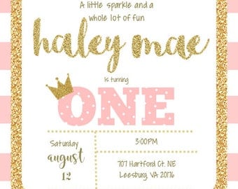 Pink & Gold First Birthday Invitation Digital File ONLY