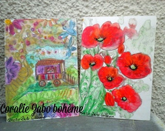 Lot de 2 cartes postales aquarelle peinture-coquelicots peinture-roulotte bohème-cartes originales