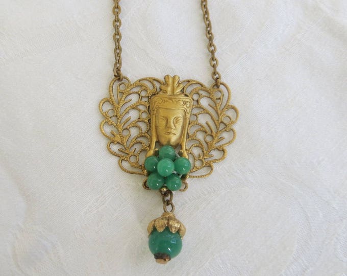 Vintage Buddah Necklace, Filigree with Peking Glass Beads, Bib Style, Spiritual Jewelry, 24 Inch Chain