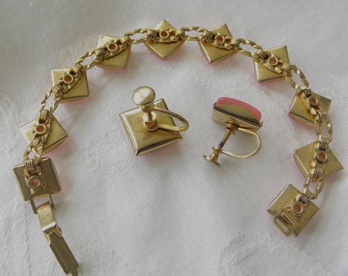 Pink Moonglow Bracelet Set, Vintage Thermoset Bracelet, Screw Back Earrings, Mid Century Jewelry