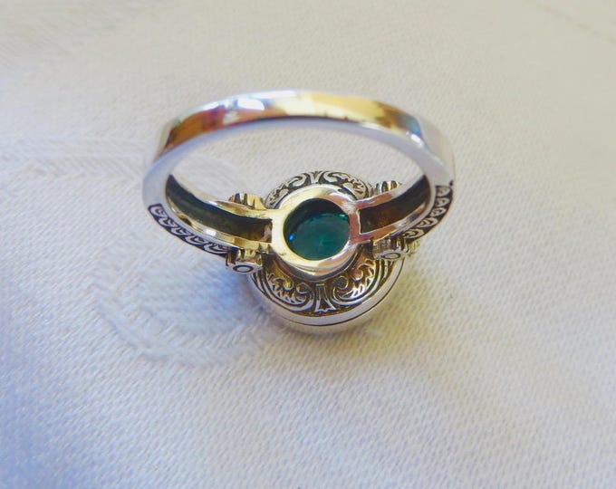 Vintage Aquamarine Poison Ring, Sterling Silver Filigree. Blue Sapphire Stones, Size 6
