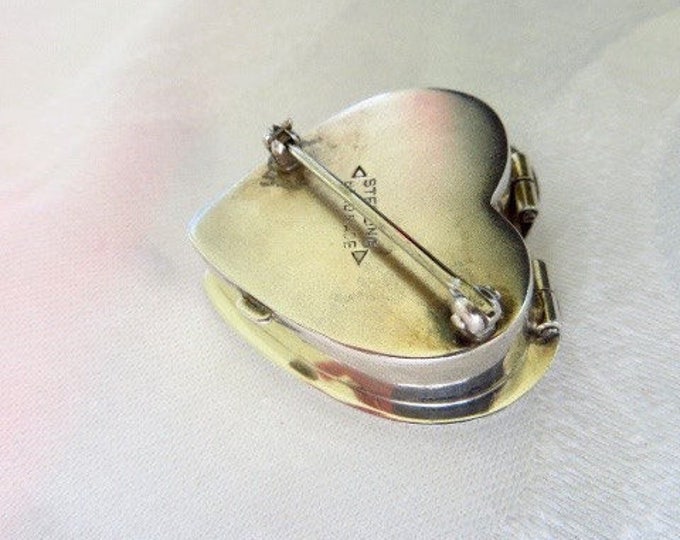 Sterling Pill Box Brooch, Silver Heart Pill Box Pin, Vintage Heart Brooch, Wedding Bride