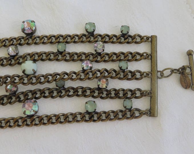 Vintage Chicos Bracelet, Wide Toggle Bracelet, 5 Mesh Chains, Lucite and Rhinestone, Vintage Boho Jewelry