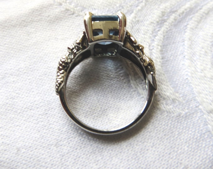 Sterling Aquamarine Ring, Mermaid Ring, Emerald Cut Aquamarine Stone, Mermaid Jewelry, Nautical Ring, Size 6.5