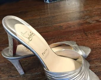 Christian Louboutin Antique Gold Leather Slides W/ Natural Wood Heel Sz euro 41