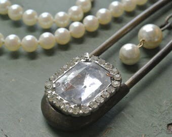 Vintage Rhinestone Safety Pin Necklace, Repurposed Rhinestone Brooch, Pearl Strand, Unique One of a Kind Necklace By UPcycled Works