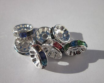 4 shiny silver acrylic rondelles and rhinestone multicolor 10 mm (BD1)
