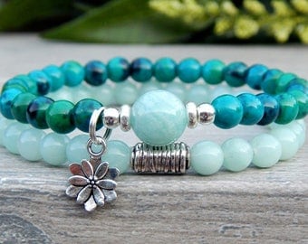 Amazonite Bracelet, Beaded Bracelet, Nature Bracelet, Lotus Charm Bracelet, Teal Bracelet, Blue Green, Yoga Bracelet, Gemstone Bracelet