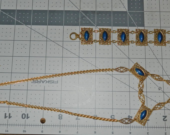 Vintage TOFFANO filigree panel bracelet necklace set, Faux Blue Lapis Cabochons Antique Gold Tone, Costume Jewelry Set, Art Nouveau Style