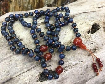 Courage and Learning Mala dumortierite and carnelian Buddhist Mala Prayer Bead Necklace yc605
