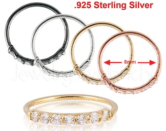 925 Sterling Silver Nose Ring, 20G (0.8mm) Nostril Hoop Ring, Helix Ring, Tragus Earring, 8mm(5/16) Diameter, CZ Accented NH201509