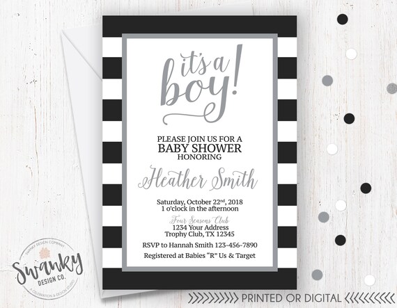 Black and Gray Baby Shower Invitation, It's A Boy, Black White Striped Baby Shower, Black Gray Baby, Baby Boy Shower,Digital File Il_570xn