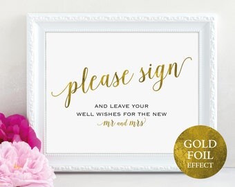 Gold Guest Book Sign, Please Sign our Guest Book, Guest Book Printable, Mr & Mrs Sign, Wedding Printable Sign, PDF Instant Download, MM01-3