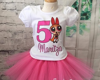 blossom birthday outfit, blossom tutu, powerpuff girls birthday outfit, powerpuff girls birthday shirt, powerpuff girls tutu