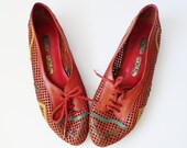 Vintage 80s Cherry Red Zig Zag Cut Out Mesh Lace up Leather Flat Oxford Loafer Shoes