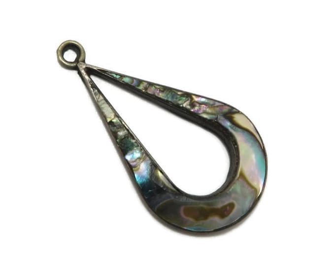 Vintage Mexico Abalone Pendant, Sterling Silver Teardrop Pendant, Shell Inlay Pendant