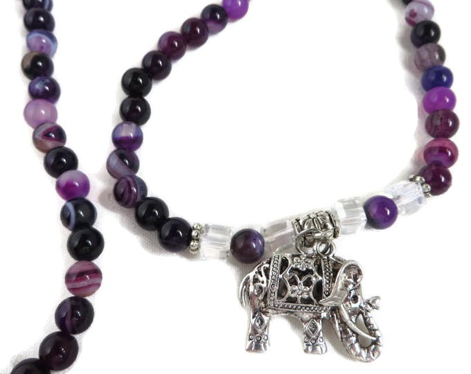 Elephant Pendant Necklace, Purple Bead Necklace, Silvertone Elephant Charm Necklace