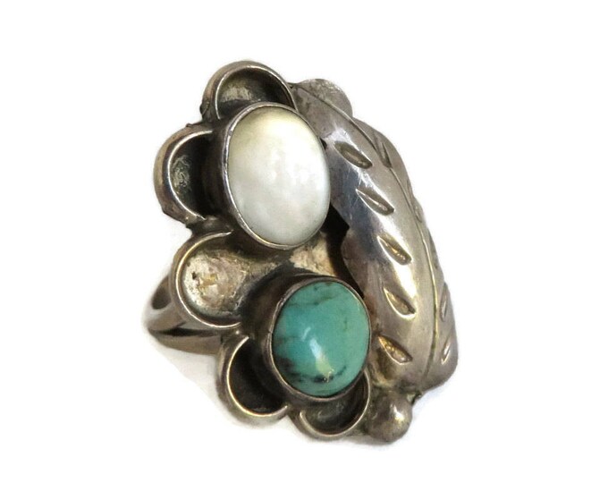 Sterling Silver Ring, Turquoise & MOP Ring, Navajo Feather Ring, Vintage Native American Jewelry, Statement Ring, Gift for Her, Size 6