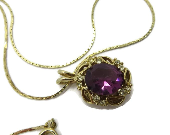 Amethyst Glass Pendant, Vintage Korean Gold Tone Necklace Faceted Glass Pendant
