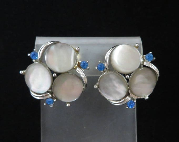 Moonstone Rhinestone Earrings, Vintage Gray & Blue Silver Tone Clip-on Earrings