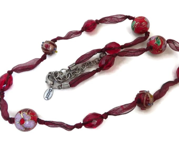 CHICO'S Ribbon Necklace, Red Bead, Cloisonne Necklace, Boho Jewelry, Gift for Her