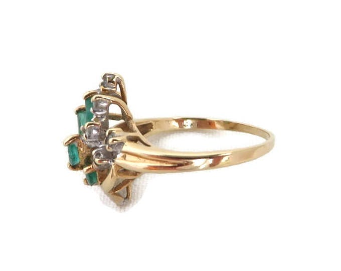 Emerald - 14K Gold Emerald & Diamond Ring, Vintage Estate Cocktail Ring, Size 5, FREE SHIPPING