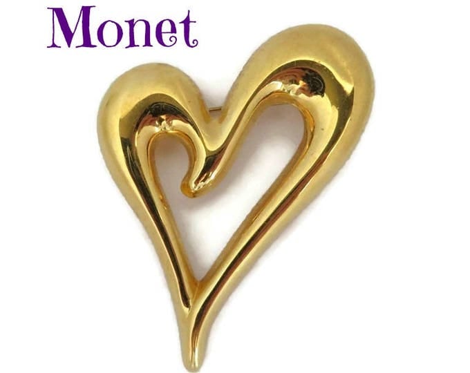 Monet Heart Brooch, Vintage Gold Tone Abstract Heart Pin Designer Signed Costume Jewelry Gift Idea