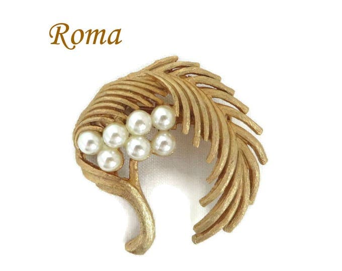 Roma Leaf Brooch, Vintage Faux Pearl Leaf Pin, Signed Roma Jewelry, Drooping Leaf Pin, Perfect Gift, Gift Box