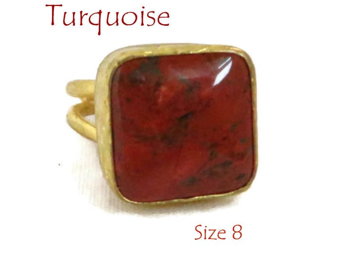 Red Turquoise Ring, Vintage Gold Plated Sterling Silver Red Gemstone Ring, Size 8, Gift Box, Perfect Gift