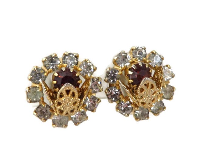 Vintage Rhinestone Earrings - Gold Tone Antique Style Clip-on Earrings, Bridal Jewelry, Gift for Her, Gift Boxed