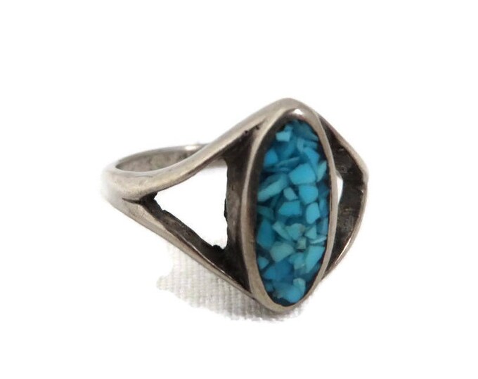 Sterling Silver Turquoise Ring - Vintage Crushed Turquoise Inlay Ring, Size 6, Gift for Her