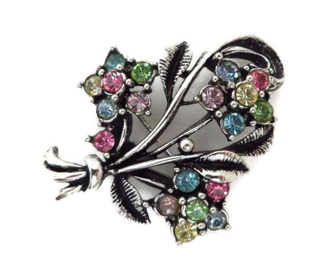 Vintage Flower Corsage Brooch - Silver Tone Rhinestone 1950s Floral Bouquet Pin