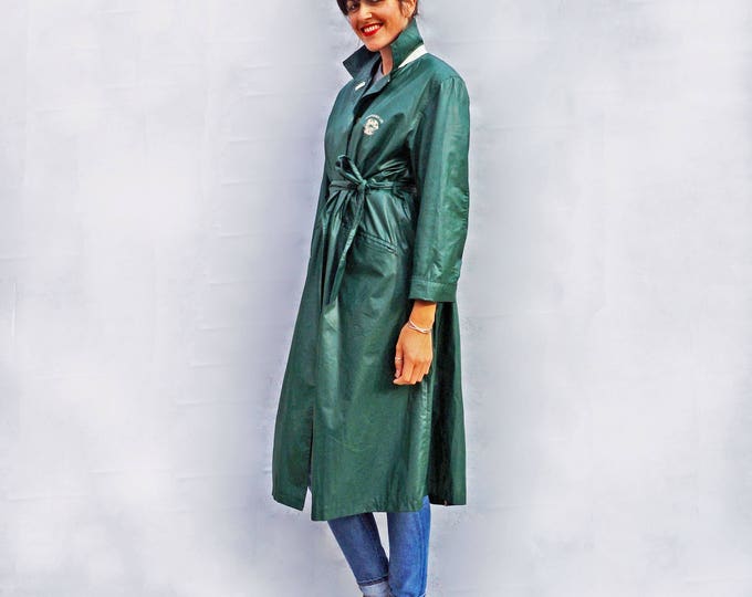 Green Trench Coat, Vintage Trench Coat, Long Green Coat, Waterproof Coat, Dark Green Coat, Vegan Leather Coat, Maxi Coat, Full Length Coat