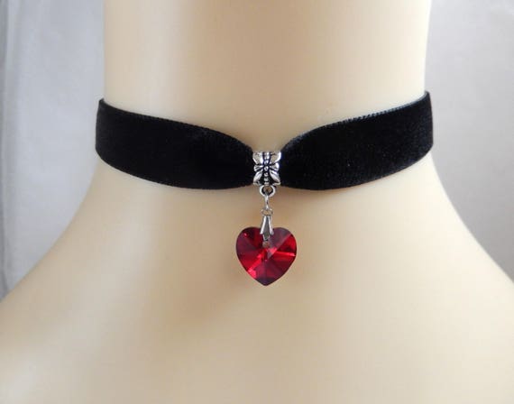 Gothic Black Velvet 16mm Choker Necklace With Foil Backed Red