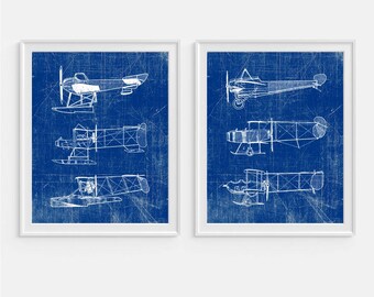 Airplane Art Print, Plane Art, Blueprint Wall Art, Aviation Set of Two 5x7, 8X10, 11x14 Nursery Decor, Boys Wall Decor