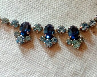 Vintage sapphire blue diamante bib necklace 1950s